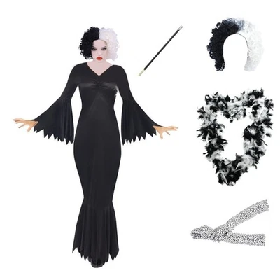 Damas Disfraz Cruella Mujer Halloween Malvado Villano Película Dálmata Vestido Elegante Foto 1 de 4