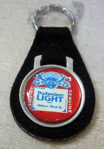 New NOS Vintage Budweiser Light Beer Logo Keyring KeyChain Fob Black Leather Bud - Picture 1 of 2