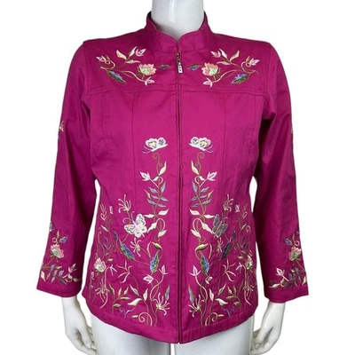Chaqueta Quacker Factory Floral Mariposa Bordada Cremallera Completa Rosa Caliente Talla Grande Foto 1 de 4