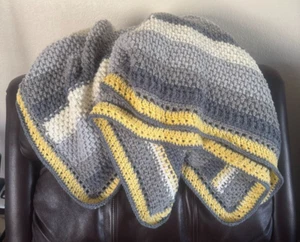HAND CROCHET AFGHAN BLANKET THOW YELLOW, GRAYS & WHITE 44" X 57" - Picture 1 of 6