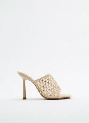 NWT Zara Size 6.5 / EU 37 Beige Rhinestone Mesh Slide Heels 3814/910 - Image 1 of 2