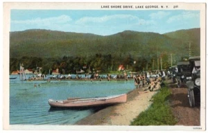LAKE GEORGE NY FOLKS AT BEACH LAKE SHORE DRIVE VINTAGE POSTCARD 1920'S 92620 P - Picture 1 of 2
