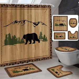 4 Pc Rustic Bear Shower Curtain Set & Bath Rugs for Cabin Decor - Picture 1 of 6