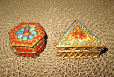 Two(2) Nepal Trinket Boxes inlaid with Coral & Turquoise Stones * pre owned
