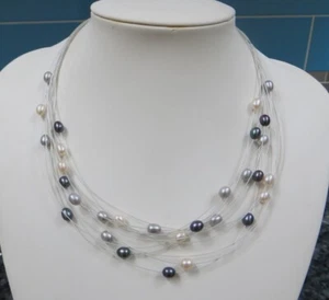 925 Sterling Silver Freshwater Cultured Pearl Illusion Necklace - Picture 1 of 9