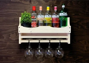 Gin Bar Shelf Wine Rack Bottle & 4 Gin Glass Holder Shabby Chic Garden (4GSC)EM - Picture 1 of 3