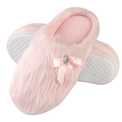 Aerusi Women Winter Warm Fringe Pink Plush Slippers Soft Cozy Indoor Shoes 7-9 - Image 1 of 4