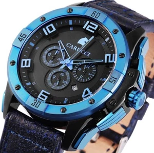 Herren Männer Chronograph Männer Uhr Schwarz Blau Leder Edelstahl CA2214 CARUCCI - Bild 1 von 7