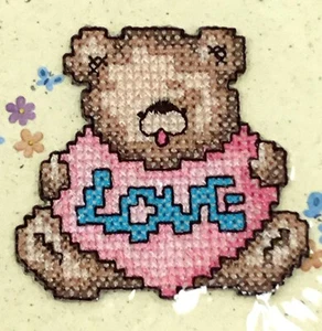 Stitch Art Cross Stitch Iron-On Patch Applique Bear With Pink Bib Love Heart  - Picture 1 of 3