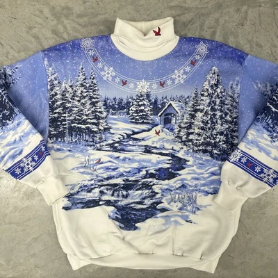 复古 90 年代 Art Unlimited 全印冬季场景双面美国成人 L — 第 1/4 张图片