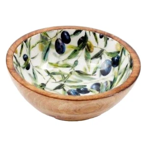 Bowl: 1 x 17.5cm Small Olive Design Enamel Bowl, Wood - Picture 1 of 1