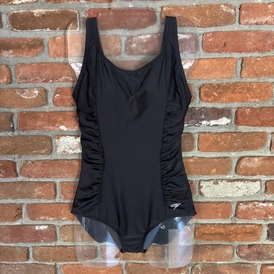 Speedo LARGE casual swimsuit one piece black ruched high back slimming - Image 1 of 4