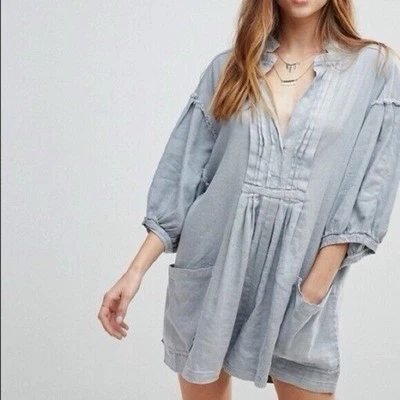 Free People Linen Romper Womens XS Frayed & Pintucked Gray Linen Blend Oversized - Image 1 of 4