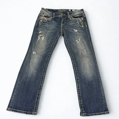 Pantalones de mezclilla Miss Me para mujer 29 fácil recortados corte bota desgastados estrás solapa bolsillo Foto 1 de 4