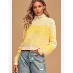 Free People Sunbrite Yellow Multi Knit Turtleneck Sweater Women's Size S - Picture 1 of 5