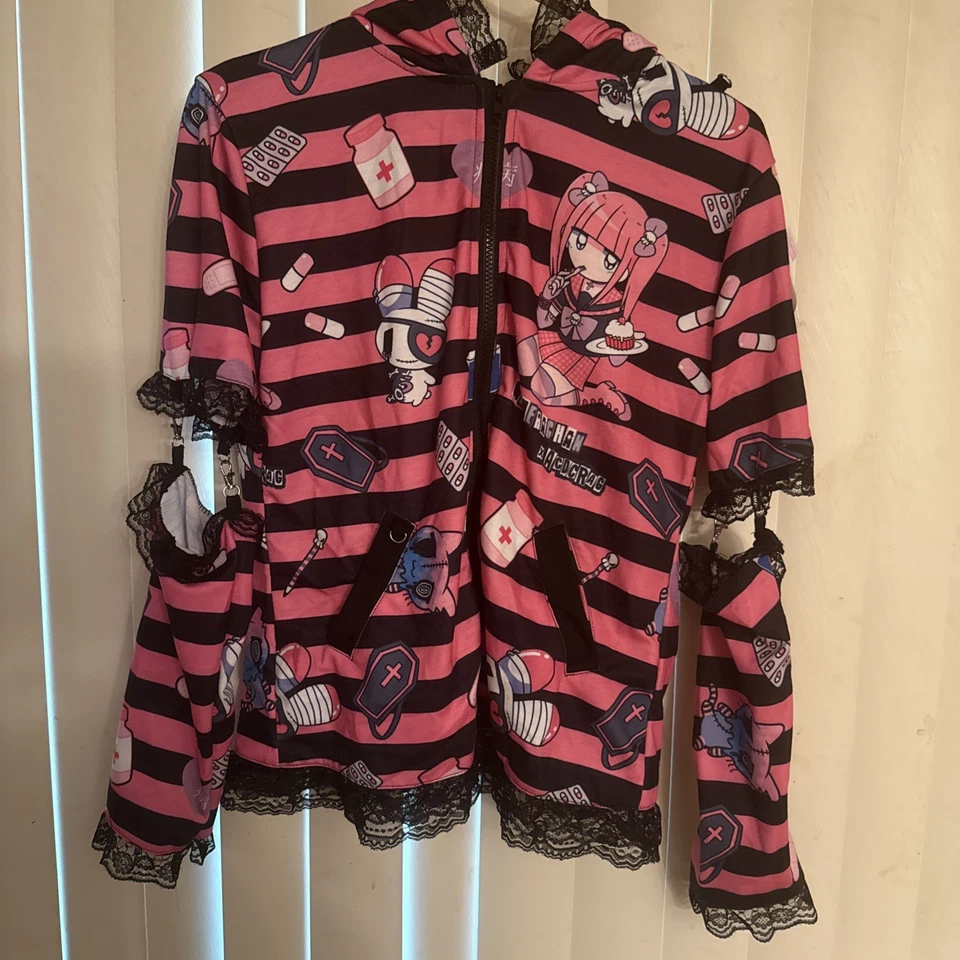 ADCD Rag Yami Kawaii Punk Menhera Chan Usamimi Parka Negra/Rosa Cremallera Sudadera con Capucha Foto 1 de 4