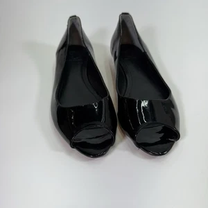 Tory Burch Open Toe Ballet Flat Black Patent Gold Accent Leather Sz 8.5 - Picture 1 of 6