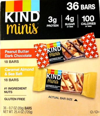 Kind Minis mantequilla de maní/chocolate oscuro y caramelo almendra/sal marina 36ct EXP 06/25 Foto 1 de 4