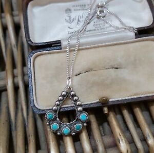 Vintage 925 Sterling Silver Necklace, Southwestern Pendant, Natural Turquoise