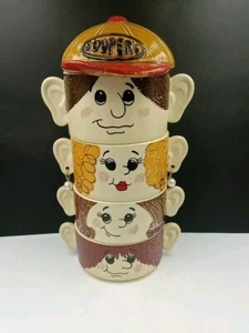 Vintage 5 pc Soupers Family Face Stackable Soup Bowls W/hat Japan Earrings Glow - Picture 1 of 24