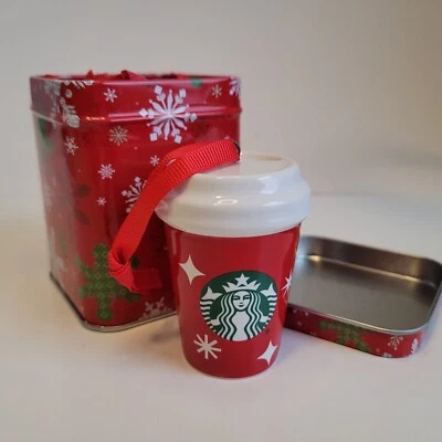 Starbucks Christmas Ornament Red Coffee Cup 2022 Holidays Ceramic Tin Box! - Image 1 of 4