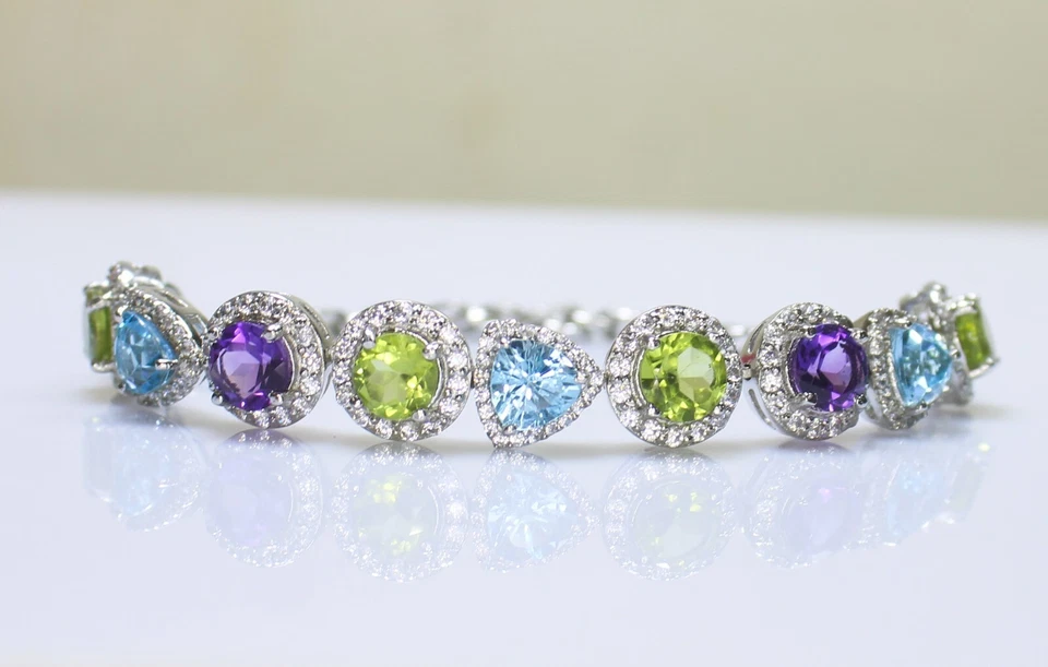 Natural Multi Stone Bracelet With 925 Sterling Silver In 7 Inches Size - Image 1 of 4