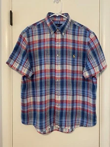 Ralph Lauren Polo Men's Classic Plaid 100% Linen S/S Button-Down Shirt L Pony - Picture 1 of 10