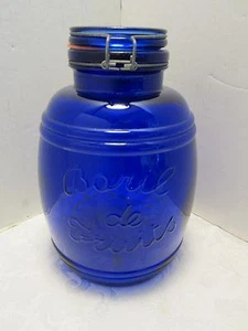 VINTAGE COBALT BLUE GLASS JAR "BARIL DE FRUITS" APOTHECARY lidded Italy 10.5" T - Picture 1 of 7
