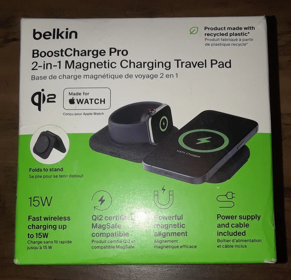 Belkin 2-in-1 Travel Pad 15W, Foldable Qi2 Wireless Charging Station Apple Watch - Image 1 of 4