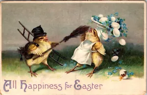 TUTTA LA FELICITÀ PER PASQUA - PULCINO SPAZZACAMINO - 1910 CARTOLINA VACANZE IN RILIEVO - Foto 1 di 2