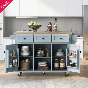 Kitchen Cart Kitchen Island with storage racks 3 Drawers & 5 Wheels Grey Blue - Picture 1 of 8