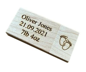 Personalisierter gravierter Holz 16GB USB Memory Drive Stick Neu Baby Taufe Geschenk - Bild 1 von 7