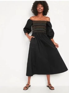 NWT Old Navy Women’s Maxi Dress Smocked Puff Sleeve Black Boho Pockets Comfort - Picture 1 of 16