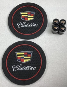 Genuine Metal Tire Air Stem Valve Caps & Coaster Set Yellow Emblem For Cadillac - Bild 1 von 4