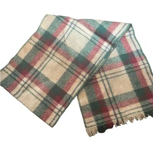 Woolrich Wool Blend Plaid Scarf Unisex Fringed Tan Green 54" x 9.5" Oblong VTG - Picture 1 of 7