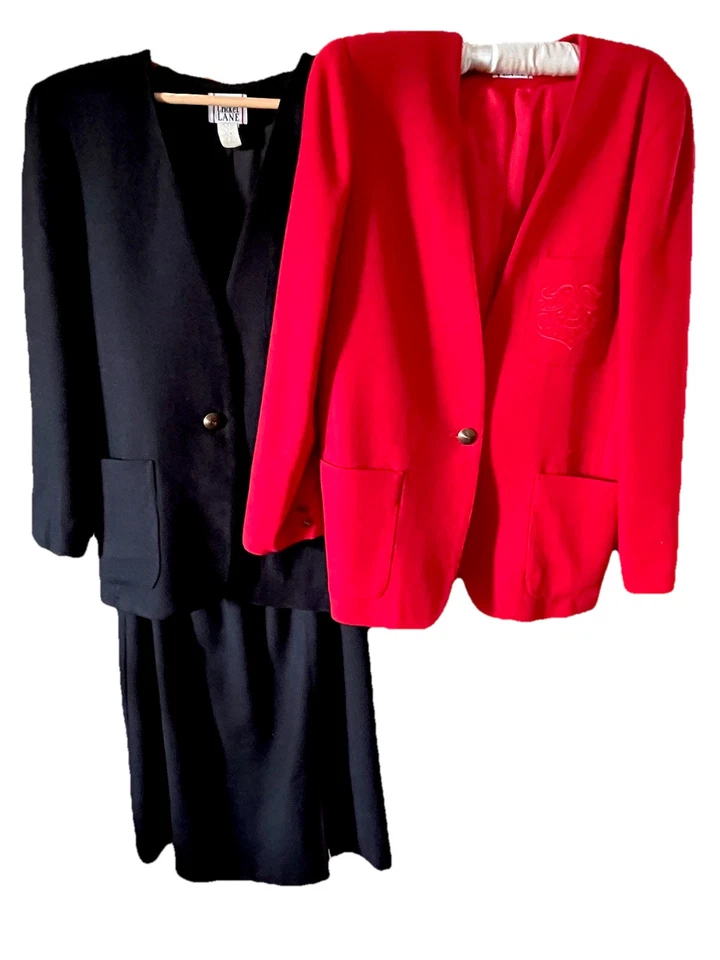 De Colección Blazer Falda Traje Conjunto Mujer 12 Negro 100% Lana Carrera Y2K Rojo Blazer Lote Foto 1 de 4
