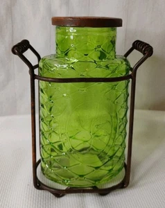 Vintage Green Glass Jar With Cover In Metal Stand - Picture 1 of 9