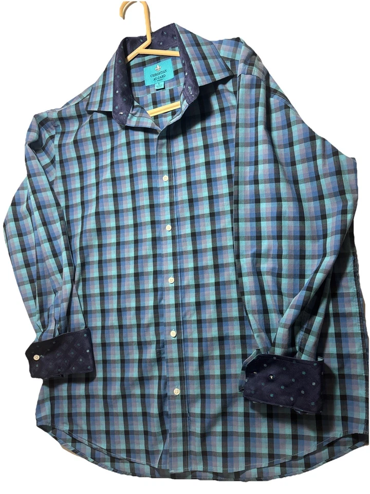 Christian Aujard Paris Mens Long Sleeve Button Shirt L blue Plaid Flip Cuff - Image 1 of 4