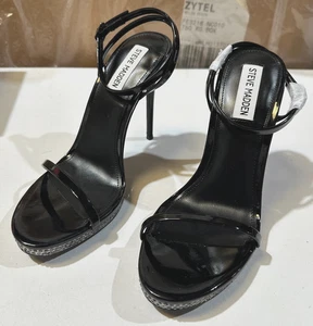 New Steve Madden ARI Sandals Rhinestone 8.5 M Black Patent Stiletto Heel Strappy - Picture 1 of 9