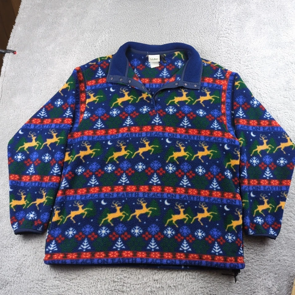 Vintage LL Bean Jacket Mens XL Blue AOP Fleece 1/4 Snap Christmas Peace on Earth - Image 1 of 4