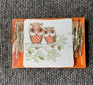 Vtg Mid Century Monogram Ca Mini Tray Party Pak Owl 12 Napkins 12 Forks 6 Trays - Picture 1 of 7