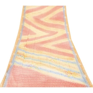 Sanskriti Vintage Pink & Yellow Sarees Moss Crepe Abstractprint Sari 5+Yd Fabric - Picture 1 of 11