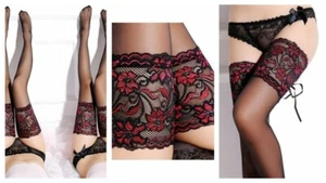 Black Thigh High Stockings Hold-ups Cuban Heel Back Seam Lace Up Wide Floral Top - Picture 1 of 7
