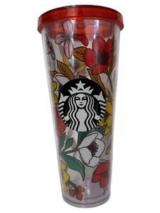 Starbucks 2017 Venti Poppy Floral Flower Cup Tumbler 24 oz w/ Lid No Straw - Picture 1 of 5
