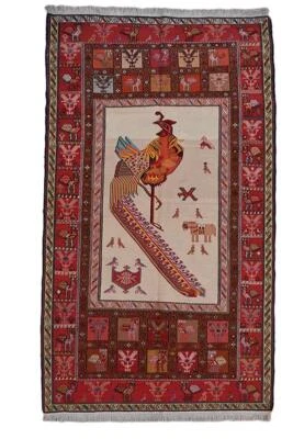 Винтажный шерстяной небольшой ковер ручной вязки с геометрическим узором птица павлин племенной килим 4x7 - Изображение 1 из 4