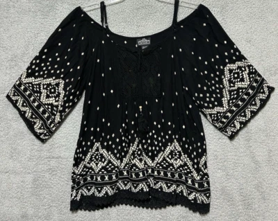 Angie Top Medium Y2K Peep Shoulder Babydoll Coquette Bohemian Aztec Tribal - Image 1 of 4