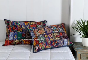 Indian Handmade Patchwork Pillow Case Embroidery Blue Cushion Cover 40cmx60cm - Picture 1 of 3