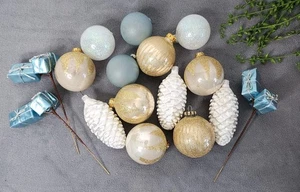 Vintage Blue White Gold Glass Christmas Tree Ornaments Ball Pinecones Presents - Picture 1 of 9