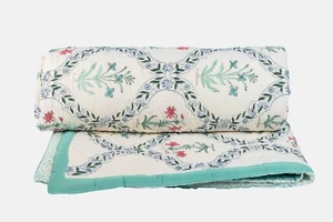 Hand Block Printed Floral Quilt, Reversible Cotton Blanket, Jaipuri Comforter - Picture 1 of 5