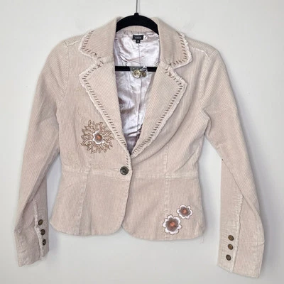 NEW NWT Aziz Small Embroidered Corduroy Bohemian Jacket Blazer Tan Floral - Image 1 of 4